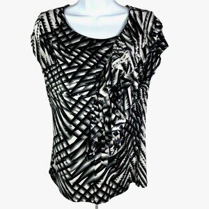Worthington Stretch Blouse Women Size M Black Gray White Ruffles On Side